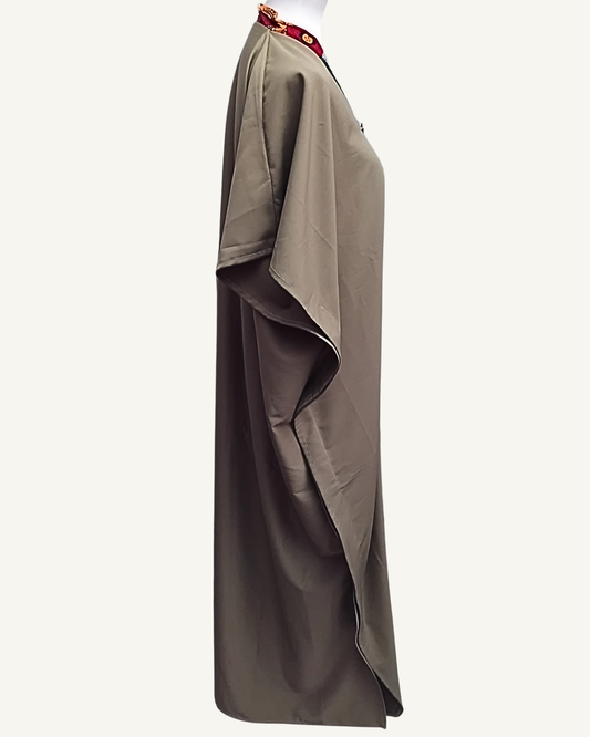 Robe Kaftan Bimatière — Taupe & Wax Patchwork Africain · Bouton Argenté · Exemplaire unique