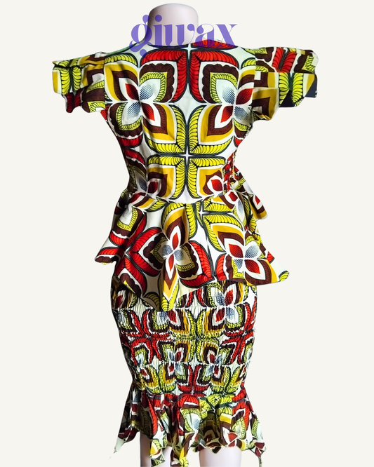 Ensemble 2 pièces Haut Bardot Peplum + Jupe Smockée — Wax africain Bold · Exemplaire unique