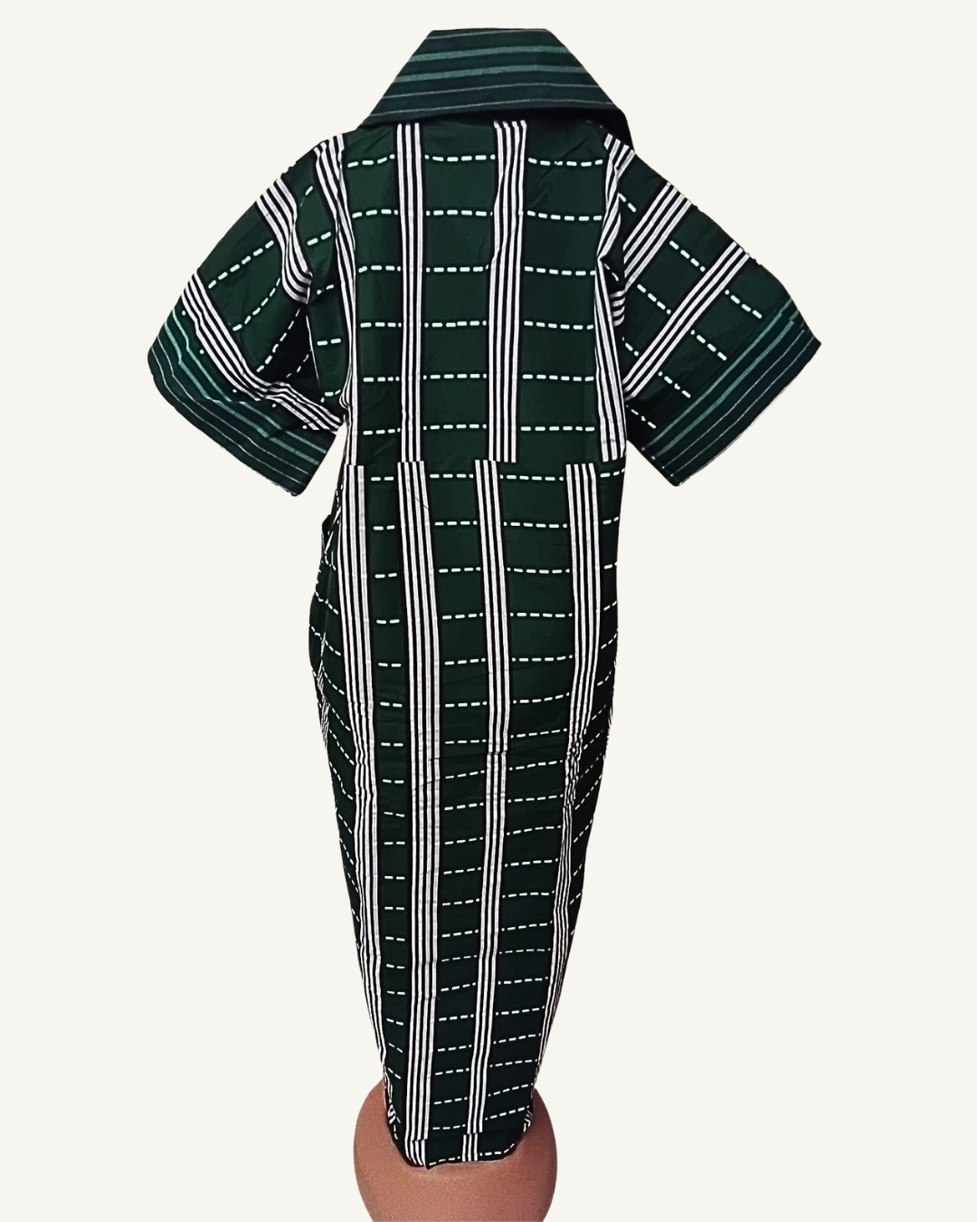Robe Maxi Col Chemise — Tissu Africain Tissé Vert Forêt & Blanc · Rayures · Poches · Exemplaire unique