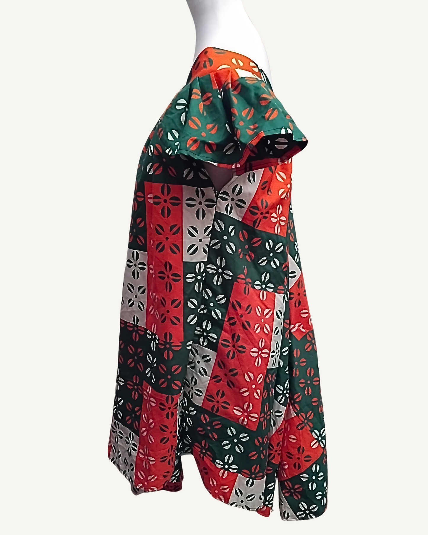Robe Longue Bardot — Coton Africain Floral Damier Orange & Vert · Exemplaire unique