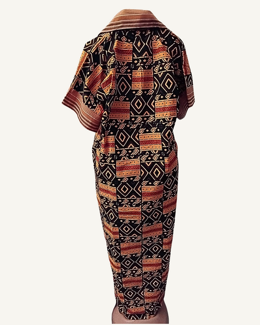 Robe Maxi Bimatière Col Polo — Bogolan Africain & Rayures Terracotta · Exemplaire unique