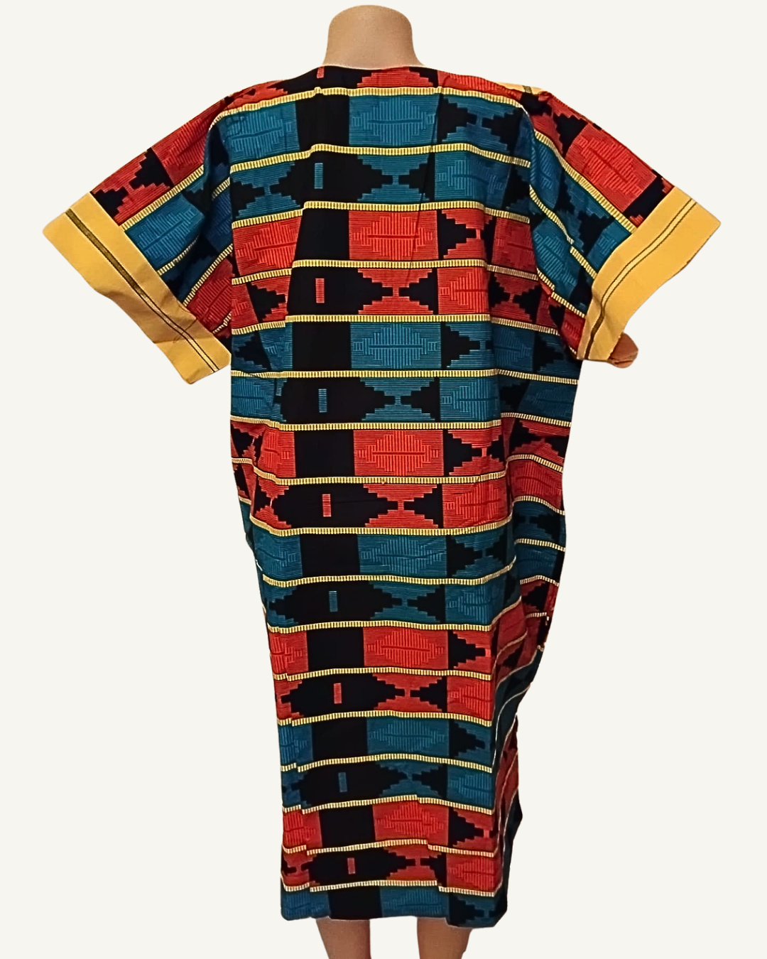 Robe Kaftan Kente Tissé — Jaune · Rouge · Bleu · Géométrique Africain · Glands · Exemplaire unique
