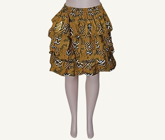 Jupe à volants étagés imprimé style bogolan ocre · symboles noirs et blancs · taille élastiquée · pièce unique — M/L