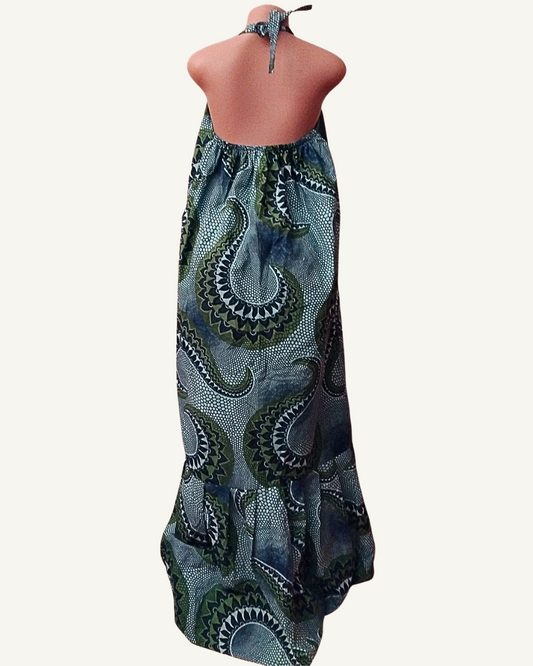 Robe maxi halter wax africain médaillons soleils vert kaki bleu marine dos nu fronces buste longueur maxi Giwax Boutique