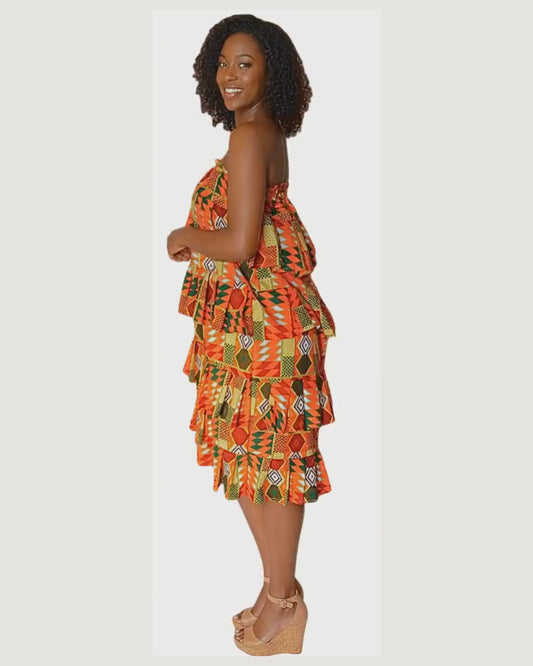 Robe bustier wax kente · volants étagés · motifs géométriques africains · exemplaire unique