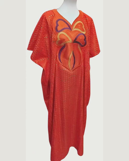 Boubou Kaftan de Cérémonie — Rouge Orangé · Appliqué Papillon · Paillettes Argentées · Exemplaire unique