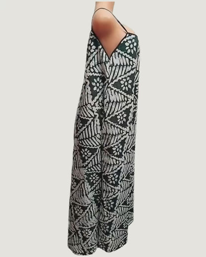 Robe Maxi Batik • Vert forêt & blanc · Bretelles fines · Exemplaire unique