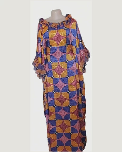 Robe longue imprimé géométrique violet · ocre · rose — col froncé à cordon · manches volantées — pièce unique
