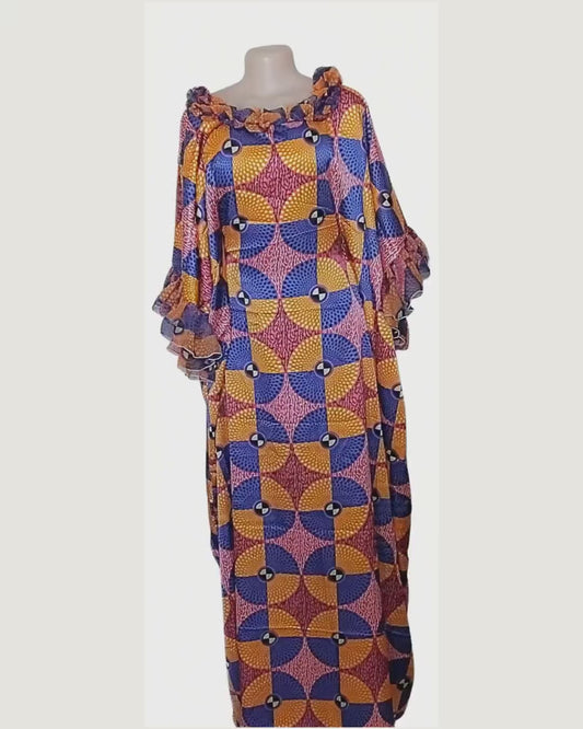Robe longue imprimé géométrique violet · ocre · rose — col froncé à cordon · manches volantées — pièce unique