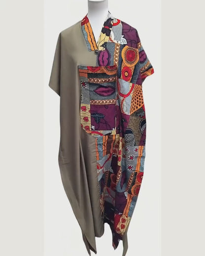 Robe Kaftan Bimatière — Taupe & Wax Patchwork Africain · Bouton Argenté · Exemplaire unique
