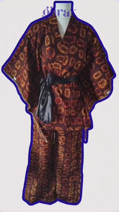 Ensemble 3 pièces Kimono + Pantalon + Ceinture — Tie-dye africain marron · Exemplaire unique