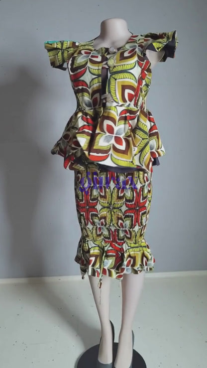 Ensemble 2 pièces Haut Bardot Peplum + Jupe Smockée — Wax africain Bold · Exemplaire unique