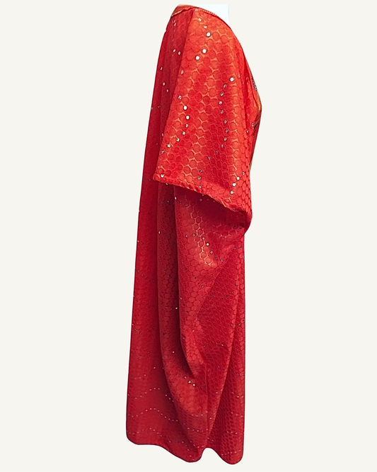 Boubou Kaftan de Cérémonie — Rouge Orangé · Appliqué Papillon · Paillettes Argentées · Exemplaire unique