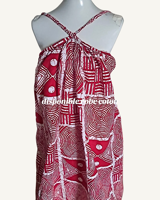 Robe Coton Adire — Rouge & Blanc · Spirales & Symboles · Bretelles Croisées · Exemplaire unique