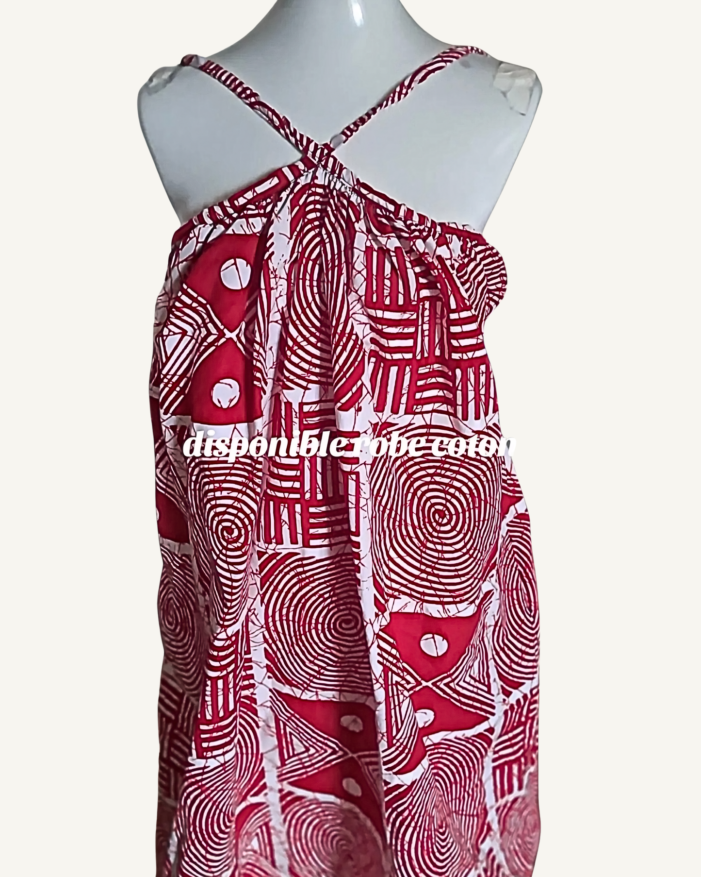 Robe Coton Adire — Rouge & Blanc · Spirales & Symboles · Bretelles Croisées · Exemplaire unique