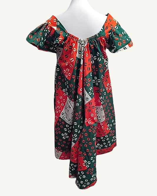 Robe Longue Bardot — Coton Africain Floral Damier Orange & Vert · Exemplaire unique