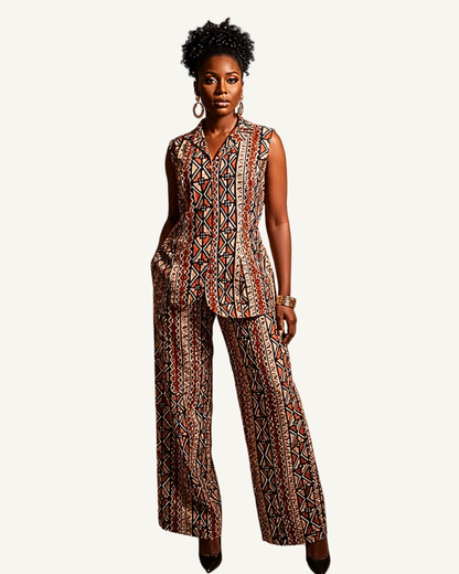 Ensemble wax africain terracotta porté · blazer cintré à la taille · pantalon palazzo fluide longueur cheville · motifs géométriques bandes verticales · bijoux dorés · talons.