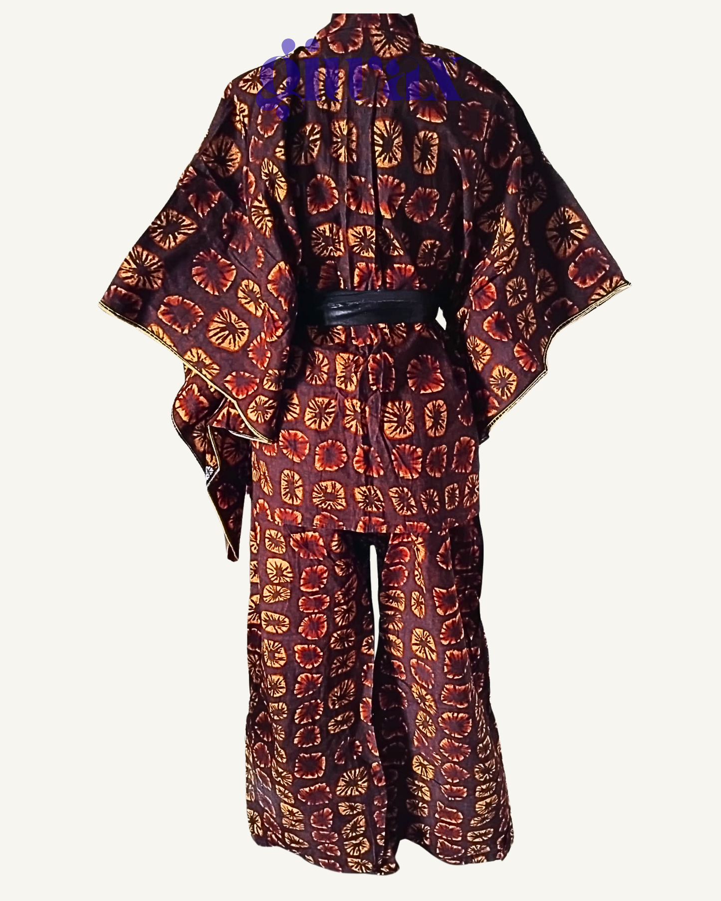 Ensemble 3 pièces Kimono + Pantalon + Ceinture — Tie-dye africain marron · Exemplaire unique