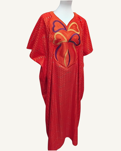 Boubou Kaftan de Cérémonie — Rouge Orangé · Appliqué Papillon · Paillettes Argentées · Exemplaire unique