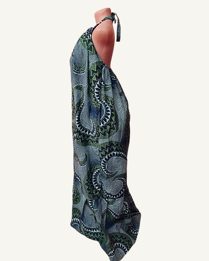 Robe maxi halter wax africain médaillons soleils vert kaki bleu marine dos nu fronces buste longueur maxi Giwax Boutique