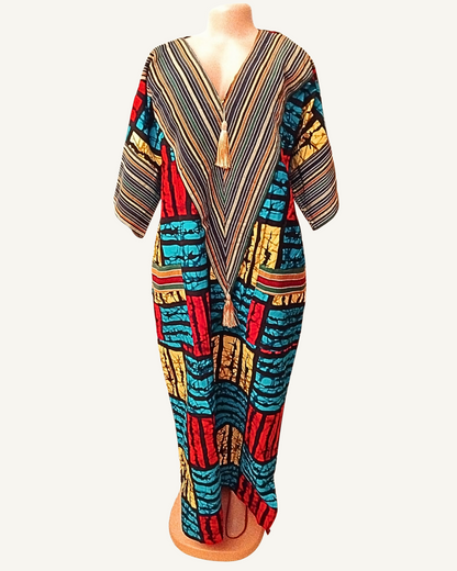 Robe kaftan bimatière batik africain craquelé effet vitrail turquoise rouge doré gland doré poches manches Giwax Boutique