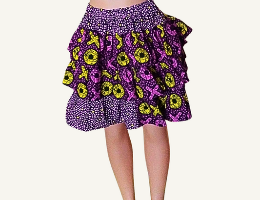 Jupe à volants étagés patchwork wax africain violet · jaune · rose fuchsia · motifs XO et pois · taille élastiquée · pièce unique — M/L
