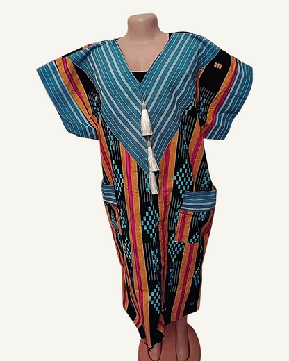 Robe Kaftan Tissé Africain — Rayures Kente Multicolores · Poches · Glands · Exemplaire unique