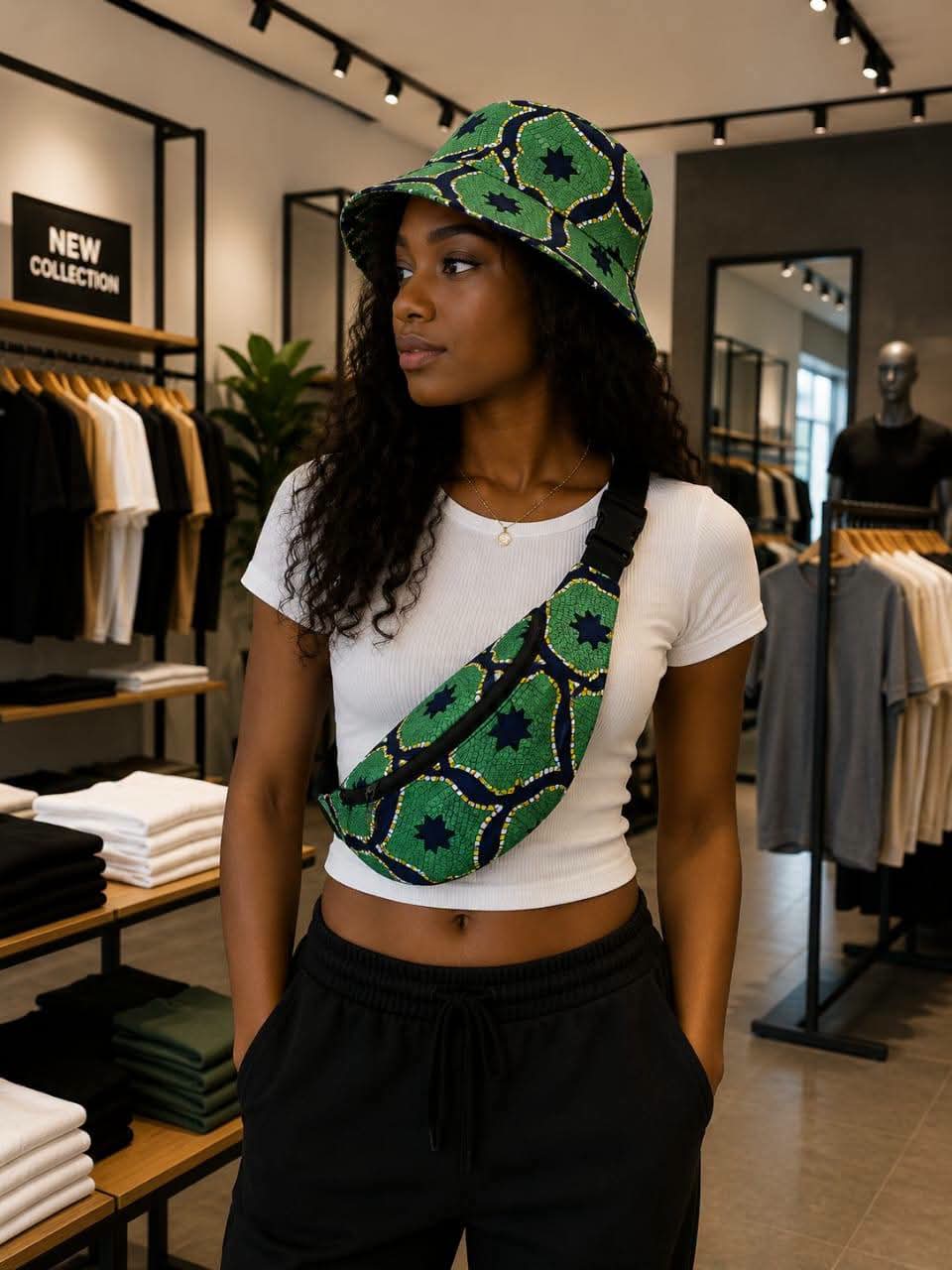 Ensemble bob + sac banane batik · motifs bogolan · unisexe