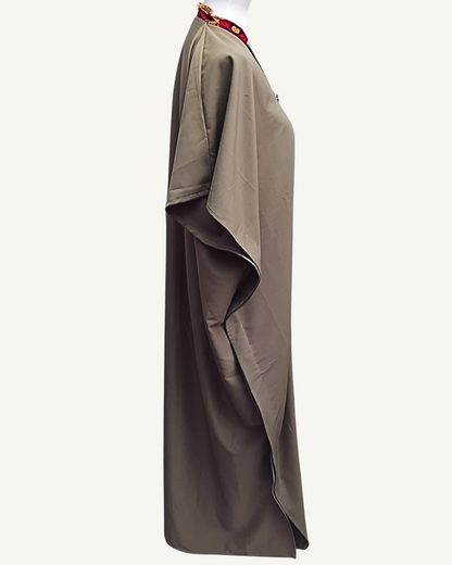 Robe Kaftan Bimatière — Taupe & Wax Patchwork Africain · Bouton Argenté · Exemplaire unique