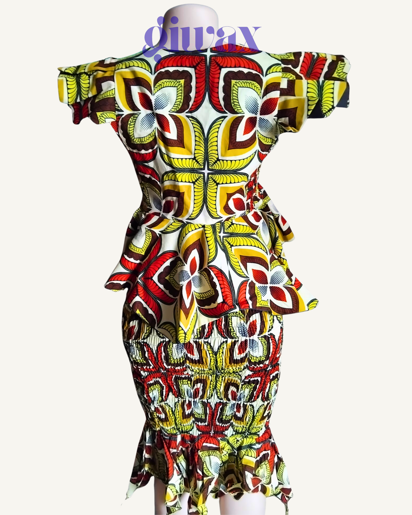 Ensemble 2 pièces Haut Bardot Peplum + Jupe Smockée — Wax africain Bold · Exemplaire unique