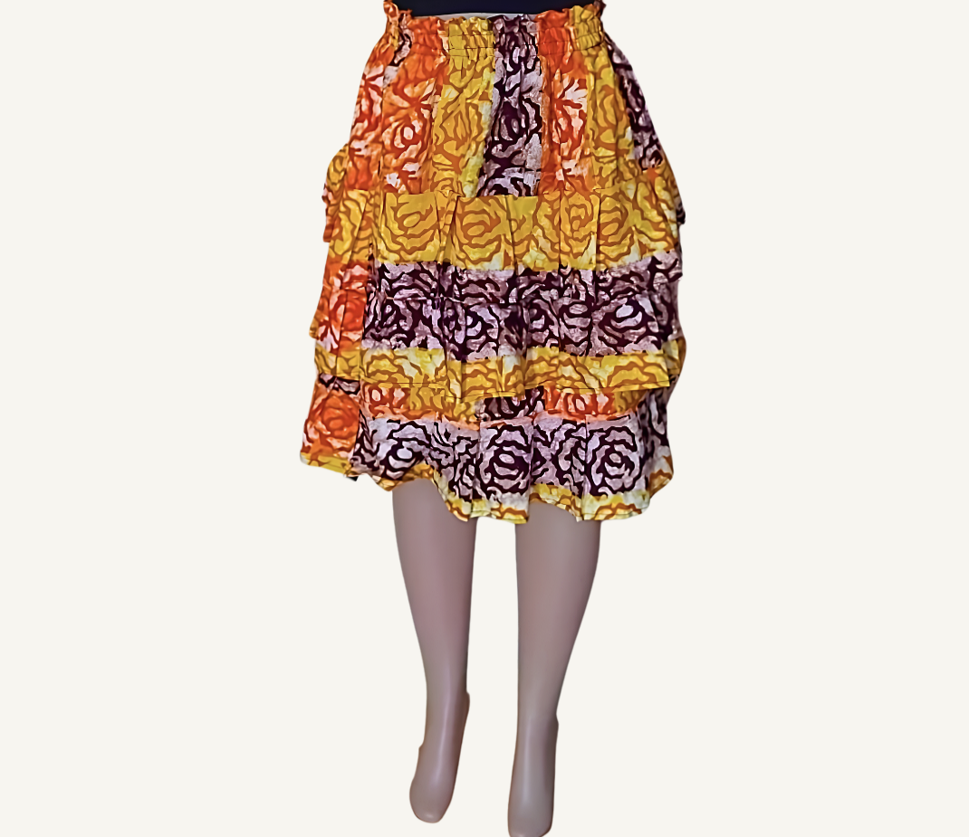 Jupe batik à volants multicolore · imprimé floral africain · coupe évasée