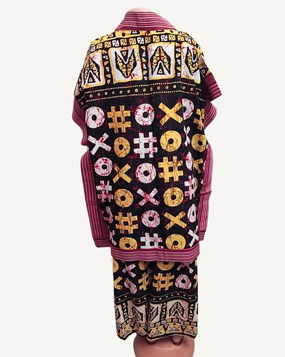Ensemble 2 pièces Kimono + Pantalon • Imprimé africain graphique & rayé rose · Exemplaire unique