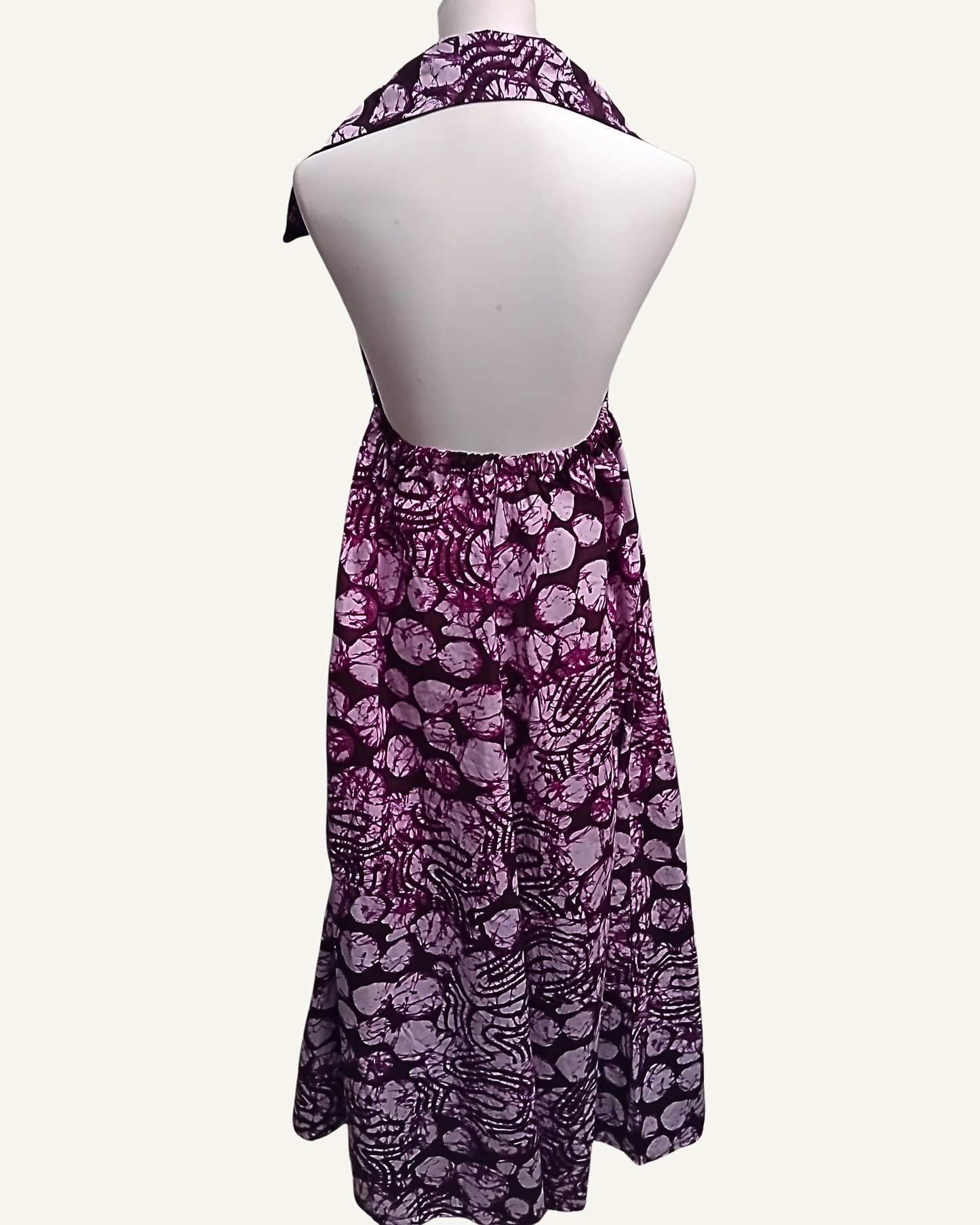 Robe Maxi Halter Col Châle — Batik Africain Prune & Rose · Dos Nu · Exemplaire unique