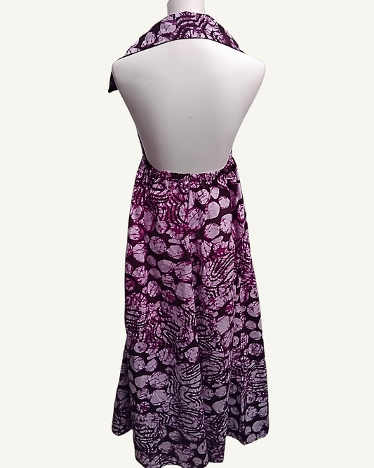 Robe Maxi Halter Col Châle — Batik Africain Prune & Rose · Dos Nu · Exemplaire unique