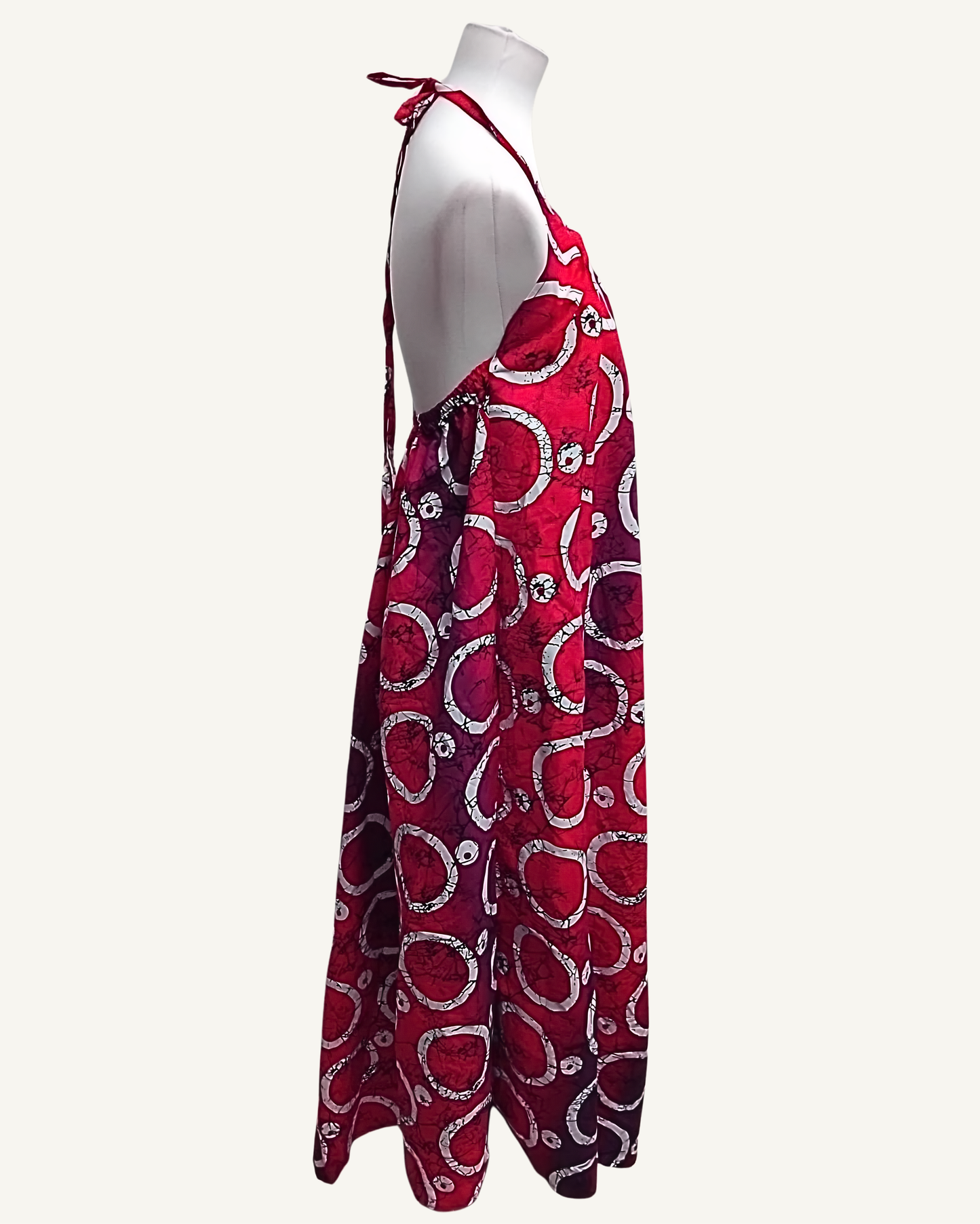 Robe Maxi Noué — Adire Africain Rouge & Prune · Dos Nu · Exemplaire unique