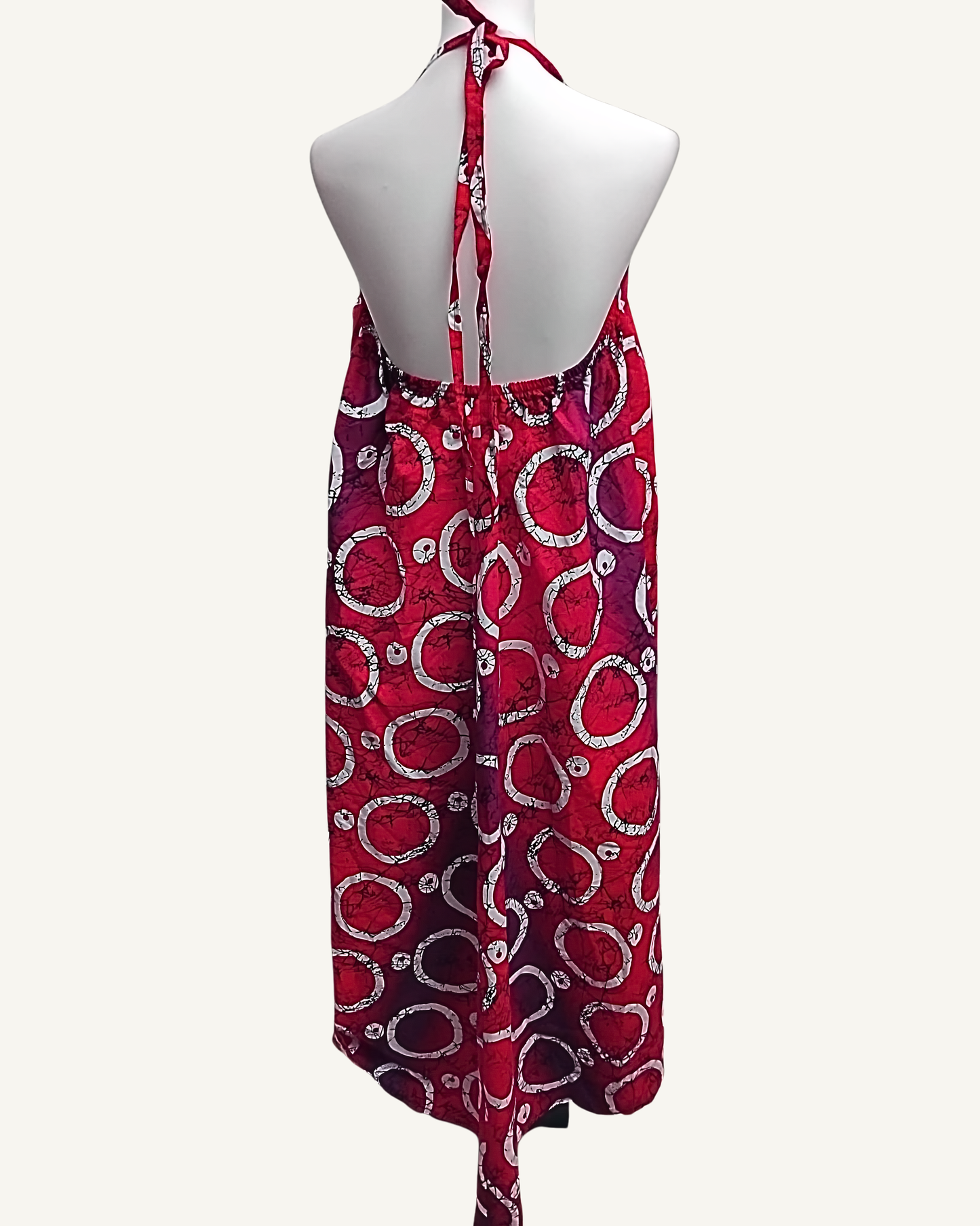 Robe Maxi Noué — Adire Africain Rouge & Prune · Dos Nu · Exemplaire unique