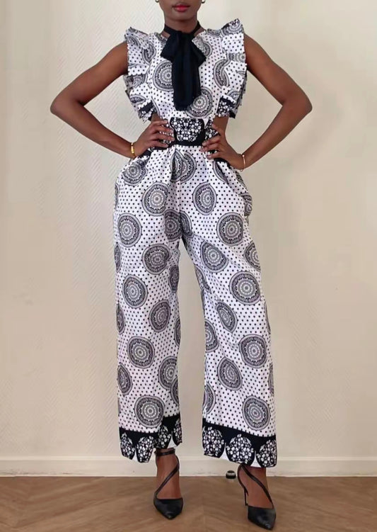 Combinaison Pantalon Wax — Noir & Blanc · Médaillons Mandala · Volants · Exemplaire unique