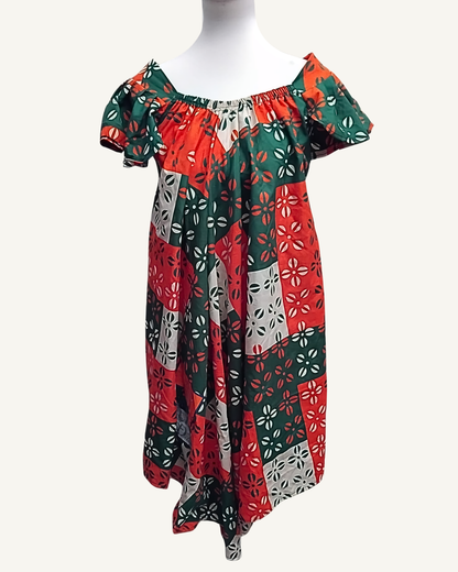 Robe Longue Bardot — Coton Africain Floral Damier Orange & Vert · Exemplaire unique