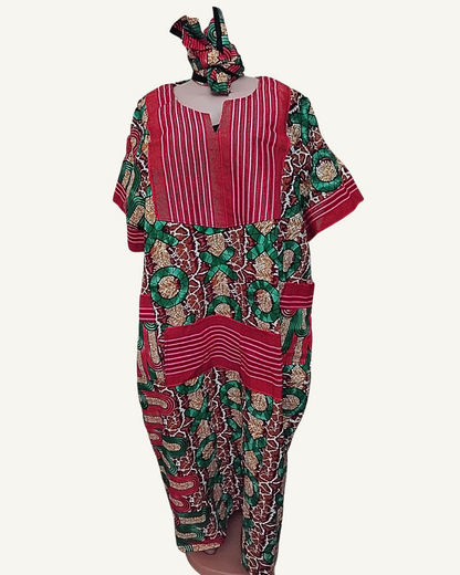 Ensemble 2 pièces Boubou Kaftan + Foulard — Wax XOXO Vert & Bordeaux · Rayures Rouges · Exemplaire unique