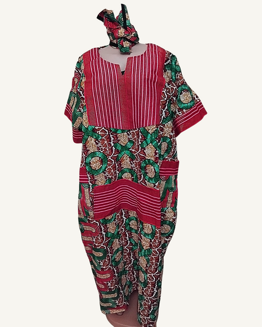 Ensemble 2 pièces Boubou Kaftan + Foulard — Wax XOXO Vert & Bordeaux · Rayures Rouges · Exemplaire unique