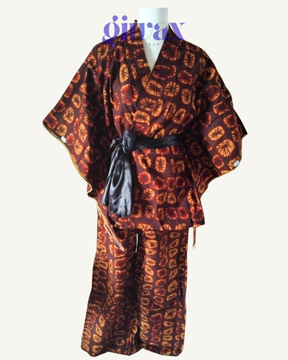 Ensemble 3 pièces Kimono + Pantalon + Ceinture — Tie-dye africain marron · Exemplaire unique