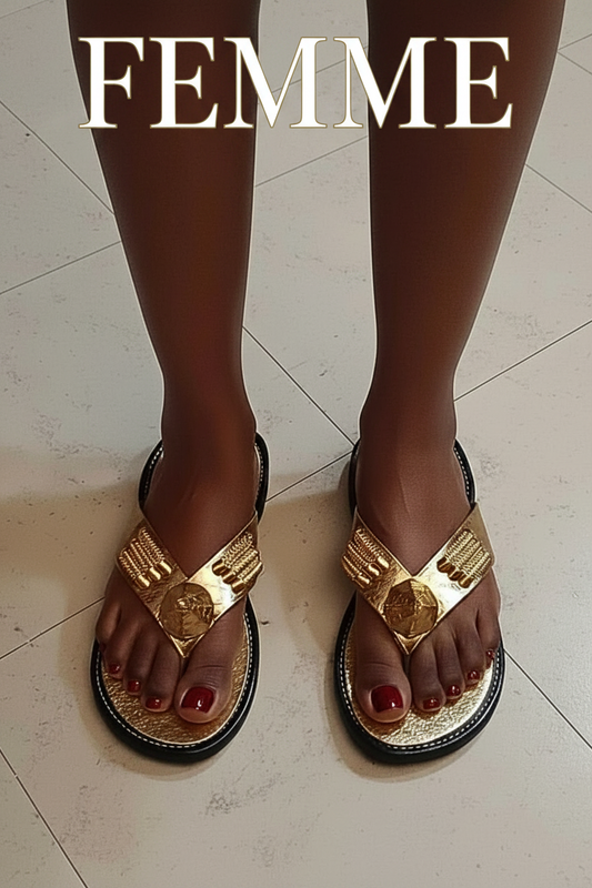Agbodje dorées traditionnelles ivoiriennes portées · bride en V métallisée or · médaillon central doré · semelle gaufrée or · contour noir · vue de dessus.