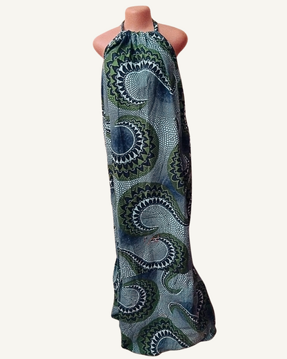 Robe maxi halter wax africain médaillons soleils vert kaki bleu marine dos nu fronces buste longueur maxi Giwax Boutique