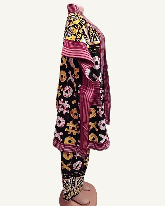 Ensemble 2 pièces Kimono + Pantalon • Imprimé africain graphique & rayé rose · Exemplaire unique