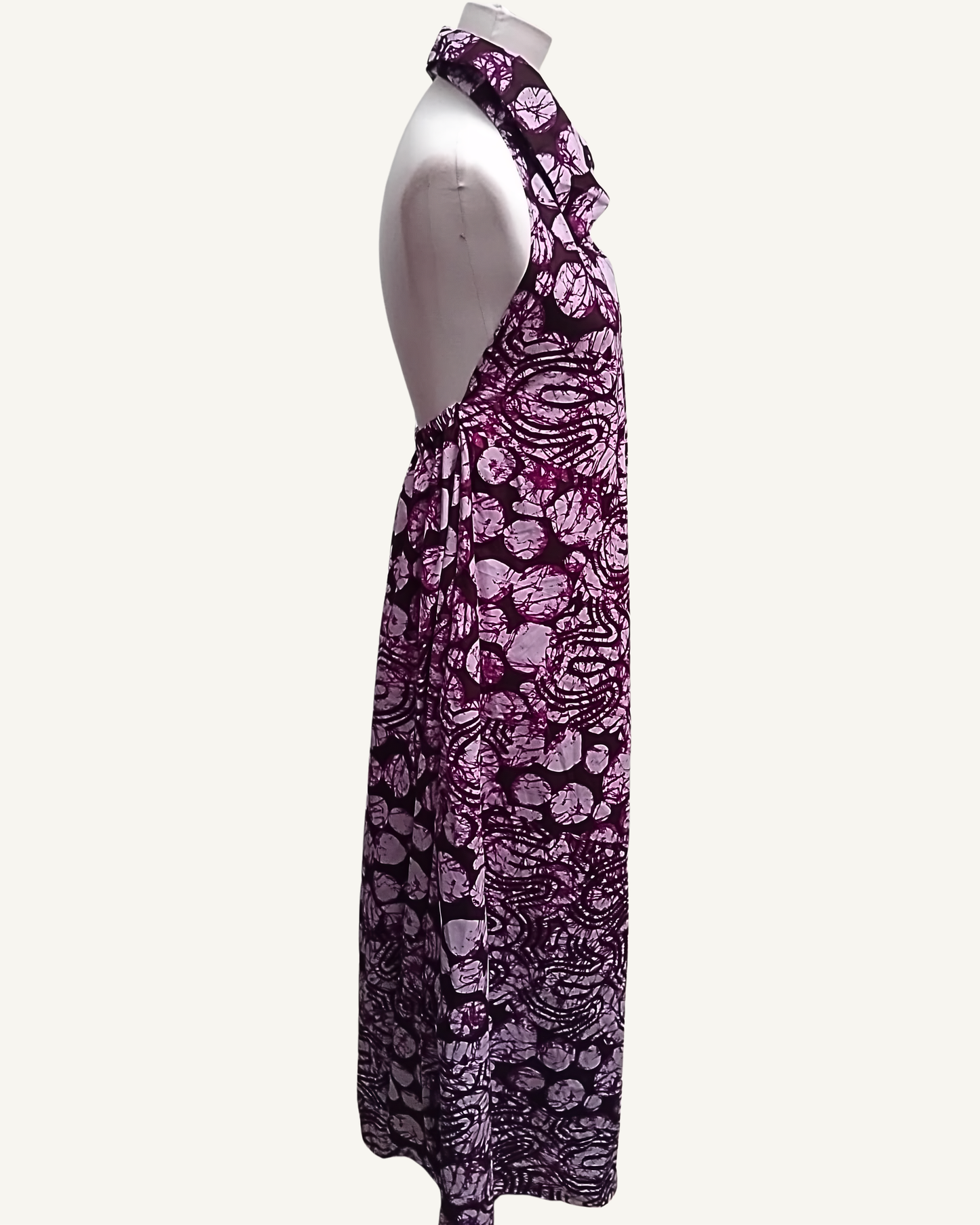 Robe Maxi Halter Col Châle — Batik Africain Prune & Rose · Dos Nu · Exemplaire unique