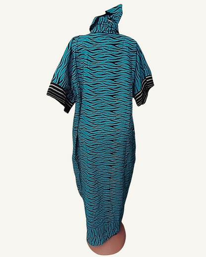 Ensemble 2 pièces Boubou Kaftan + Foulard — Turquoise Vagues Paillettes & Rayures Noir/Blanc · Exemplaire unique