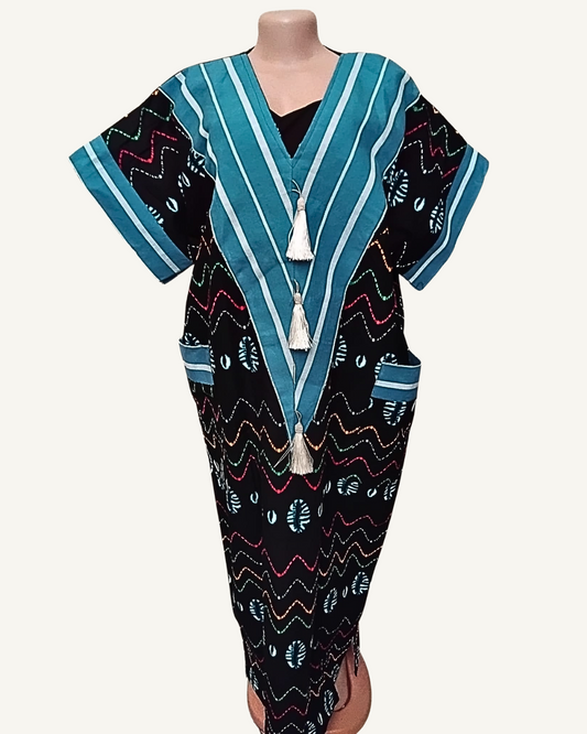 Boubou Kaftan Bimatière — Noir Zigzags Multicolores & Bleu Canard · Triple Gland · Poches · Exemplaire unique