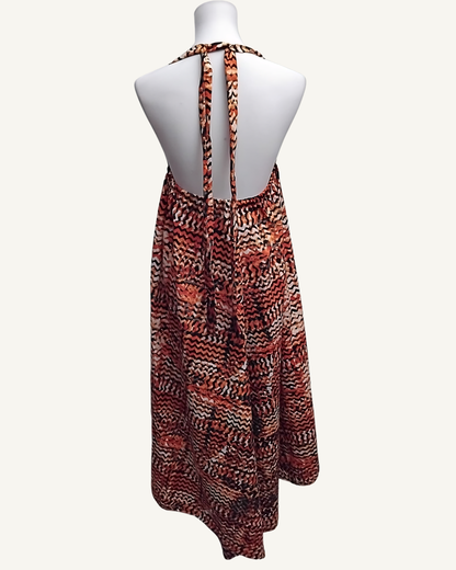 Robe Maxi Halter — Imprimé Africain Zigzag Terracotta · Lacets Croisés · Dos Nu · Exemplaire unique