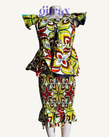 Ensemble 2 pièces Haut Bardot Peplum + Jupe Smockée — Wax africain Bold · Exemplaire unique
