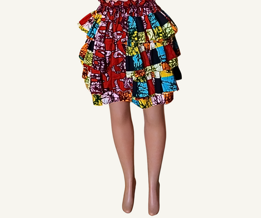 Jupe à volants étagés patchwork wax africain multicolore · bordeaux · turquoise · jaune · noir · taille élastiquée · pièce unique — M/L